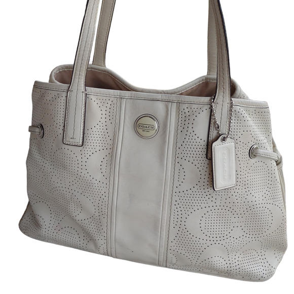 Coach Handbags - Coach Signature monogram perforated leather tote shoulder bag ivory Y2K